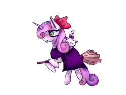 Size: 800x600 | Tagged: safe, opalescence, sweetie belle, cat, pony, unicorn, blushing, bow, broom, clothes, dress, ear fluff, flying, flying broomstick, hair bow, kiki's delivery service, simple background, studio ghibli, transparent background