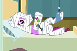 Size: 532x356 | Tagged: safe, screencap, bandage pony, rough tumble, pony, read it and weep, bandage, bed, cast, injured, pillow, sticker