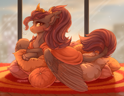 Size: 2500x1940 | Tagged: safe, artist:nightskrill, oc, oc only, oc:shadowgale, hybrid, original species, blanket, blushing, carpet, chest fluff, crown, ear fluff, female, fluffy, golden eyes, jewelry, looking at you, mare, pillow, regalia, solo, window, wings