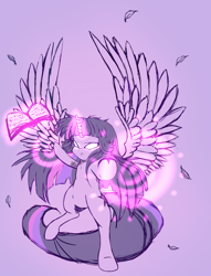 Size: 1138x1488 | Tagged: safe, artist:miniaru, twilight sparkle, twilight sparkle (alicorn), alicorn, pony, female, glowing eyes, glowing horn, magic, mare, solo, spread wings, wings