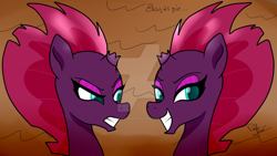 Size: 1024x576 | Tagged: safe, artist:susanzx2000, tempest shadow, pony, unicorn, my little pony: the movie, broken horn, duality, female, shadow, smiley face, solo, watermark