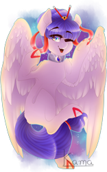 Size: 2500x4000 | Tagged: safe, artist:skimea, oc, oc only, oc:isakiss staream, pegasus, pony, female, mare, one eye closed, open mouth, simple background, smiling, solo, transparent background, wink