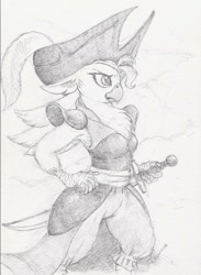 Size: 719x980 | Tagged: safe, artist:daisymane, captain celaeno, anthro, parrot, my little pony: the movie, clothes, female, hat, monochrome, pirate hat, solo, sword, traditional art, weapon