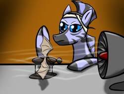 Size: 2048x1556 | Tagged: safe, artist:kedke1, oc, oc only, oc:glyde strype, pony, zebra, atg 2017, bandage, fan, model, newbie artist training grounds, solo, wind tunnel, zebrasus