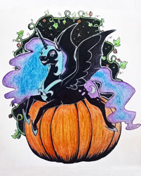 Size: 1456x1807 | Tagged: safe, artist:hengebellika, nightmare moon, armor, leaves, pumpkin, sitting, smiling, space, teeth, traditional art, vine