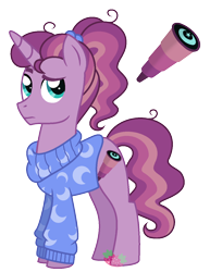 Size: 1018x1317 | Tagged: safe, artist:strawberry-spritz, oc, oc only, clothes, crack shipping, cutie mark, magical lesbian spawn, messy mane, offspring, parent:moondancer, parent:princess luna, parents:lunadancer, ponytail, raised eyebrow, shipping, sweater, weird ship wednesday, youtube link