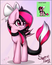 Size: 819x1032 | Tagged: safe, artist:bloody-pink, oc, oc only, oc:sweet tooth, bat pony, pony, bow, female, hair bow, mare, pony town, solo