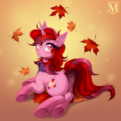 Size: 1206x1200 | Tagged: safe, artist:margony, oc, oc only, pony, unicorn, autumn, clothes, female, leaf, looking back, mare, plot, scarf, smiling, solo