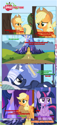 Size: 1919x4225 | Tagged: safe, artist:estories, applejack, twilight sparkle, twilight sparkle (alicorn), oc, oc:silverlay, alicorn, earth pony, pony, unicorn, comic:a(pple)ffection, comic, female, mare, twilight's castle