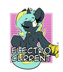 Size: 2100x2400 | Tagged: safe, artist:bbsartboutique, oc, oc only, oc:electro current, unicorn, badge, con badge, digital multimeter, holding hands, looking at each other, one eye closed, text