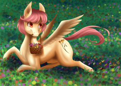 Size: 2480x1771 | Tagged: safe, artist:chiweee, oc, oc only, oc:freesia, pegasus, pony, basket, cute, flower, muscles, next generation, offspring, parent:bulk biceps, parent:fluttershy, parents:flutterbulk, short hair, solo