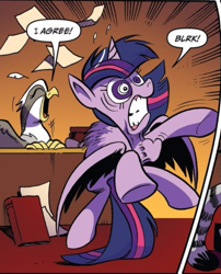 Size: 805x994 | Tagged: safe, artist:andypriceart, idw, glenda, twilight sparkle, twilight sparkle (alicorn), alicorn, griffon, pony, spoiler:comic, spoiler:comic61, cropped, female, heart attack, mare, official comic, orange background, simple background, speech bubble