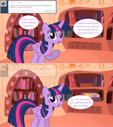 Size: 1280x1444 | Tagged: safe, artist:hakunohamikage, twilight sparkle, twilight sparkle (alicorn), alicorn, pony, ask, ask-princesssparkle, female, golden oaks library, mare, solo, tumblr