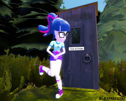 Size: 1284x1026 | Tagged: safe, artist:blackbelt2297, sci-twi, twilight sparkle, equestria girls, legend of everfree, 3d, covering crotch, female, gmod, need to pee, omorashi, outhouse, potty dance, potty emergency, potty time, shoes, sneakers, solo, trotting in place