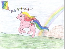 Size: 1021x782 | Tagged: safe, artist:alicorn98, rarity (g3), g3, kite, kite flying, rainbow, solo, traditional art