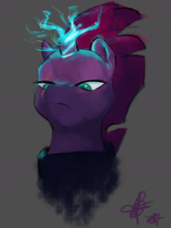 Size: 1417x1890 | Tagged: safe, artist:lumepone, tempest shadow, pony, unicorn, my little pony: the movie, broken horn, bust, eye scar, frown, gray background, magic, portrait, scar, scowl, simple background, solo, sparking horn