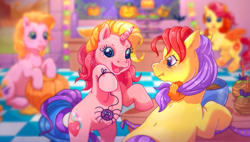 Size: 1661x945 | Tagged: dead source, safe, artist:conphettey, apple spice, magic marigold, rarity (g3), g3, halloween, holiday, pearly pie