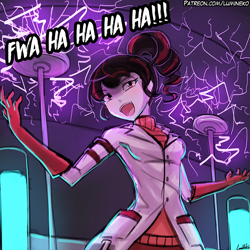 Size: 750x750 | Tagged: safe, artist:lumineko, oc, oc only, oc:electra sparks, human, clothes, electricity, female, gloves, humanized, humanized oc, lab coat, laboratory, laughing, smiling, solo