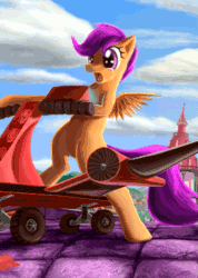 Size: 641x900 | Tagged: safe, alternate version, artist:tsitra360, scootaloo, pegasus, pony, animated, female, filly, flying scooter, gif, happy, scooter, smiling, solo