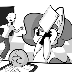 Size: 1650x1650 | Tagged: safe, artist:tjpones, oc, oc only, oc:brownie bun, oc:richard, earth pony, human, pony, horse wife, bald, cabbage, doorway, duo, ear fluff, female, food, grayscale, human male, kitchen, male, mare, meat cleaver, monochrome, stupidity, tablet, this will end in divorce, this will end in property damage