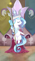 Size: 600x1036 | Tagged: safe, artist:gashiboka, princess platinum, pony, unicorn, crown, everfree tarot, jewelry, major arcana, regalia, solo, staff, tarot, tarot card, the empress, throne, watermark