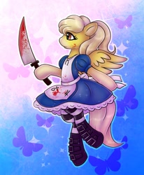 Size: 1644x2000 | Tagged: safe, artist:drawsyraccoon, oc, oc only, oc:lemon drop, pegasus, pony, alice madness returns, american mcgee's alice, blood, knife, solo, vorpal blade, ych result