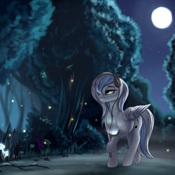 Size: 3200x3200 | Tagged: safe, artist:lightly-san, oc, oc only, oc:white cloud, firefly (insect), pegasus, pony, female, forest, headphones, mare, moon, night, path, scenery, solo, tree
