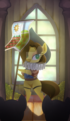 Size: 600x1036 | Tagged: safe, artist:gashiboka, chancellor puddinghead, earth pony, pony, banner, everfree tarot, hat, major arcana, solo focus, tarot, tarot card, the hierophant, watermark