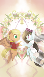 Size: 600x1036 | Tagged: safe, artist:gashiboka, earth pony, pegasus, pony, bell, duo, everfree tarot, major arcana, marriage, tarot, tarot card, the lovers, watermark, wedding, wreath