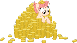 Size: 2405x1333 | Tagged: safe, artist:sonofaskywalker, raspberry vinaigrette, earth pony, pony, discordant harmony, bits, cute, female, loadsamoney, mare, money, simple background, solo, transparent background, vector