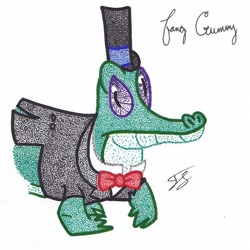 Size: 603x604 | Tagged: safe, artist:thestipplebrony, gummy, clothes, fancy, hat, pointillism, solo, stipple, top hat, traditional art, tuxedo