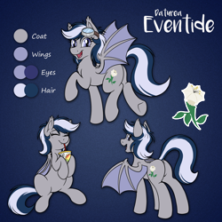 Size: 4000x4000 | Tagged: safe, artist:sugaryviolet, oc, oc only, oc:daturea eventide, bat pony, bat pony oc, commission, cute, drinking, female, food, goggles, hoof hold, juice, mango, mare, plot, reference sheet, underhoof