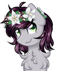 Size: 692x867 | Tagged: safe, artist:sketchyhowl, oc, oc only, oc:garfunkel plum lilly, pony, bust, chest fluff, cross, eye clipping through hair, female, floral head wreath, flower, heart eyes, mare, portrait, signature, simple background, solo, transparent background, wingding eyes