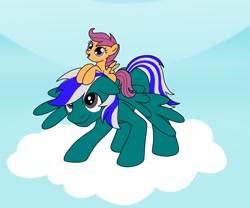 Size: 1200x1000 | Tagged: safe, artist:linedraweer, scootaloo, oc, oc:blue star, cloud, commission, ponies riding ponies, sky