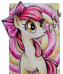 Size: 381x443 | Tagged: safe, artist:littleponyprincess, apple bloom, earth pony, pony, bow, colored pencil drawing, female, filly, hair bow, music notes, solo, traditional art, watercolor painting, whistling