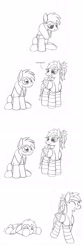 Size: 1001x3031 | Tagged: safe, artist:dsb71013, oc, oc only, oc:night cap, oc:rhapsody, clothes, comic, laughing, monochrome, sad, socks, striped socks, towel, traditional art