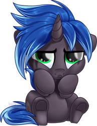 Size: 1024x1327 | Tagged: safe, artist:kellythedrawinguni, oc, oc only, oc:lock down, unicorn, chibi, commission, grumpy, male, simple background, sitting, solo, stallion, transparent background, underhoof