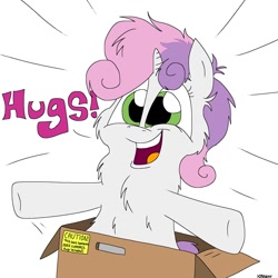 Size: 1200x1200 | Tagged: safe, artist:kdbrony, sweetie belle, pony, box, chest fluff, cute, hug, surprised