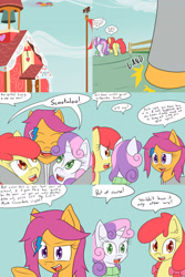 Size: 1600x2400 | Tagged: safe, artist:jake heritagu, apple bloom, scootaloo, sweetie belle, pony, comic:ask motherly scootaloo, clothes, comic, hairpin, motherly scootaloo, school, scootaloo can fly, sweatshirt