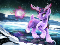 Size: 2586x1967 | Tagged: safe, artist:owlvortex, twilight sparkle, deer, antlers, caribou, deerified, fluffy, magic, snow, snowball, species swap, telekinesis, unshorn fetlocks, viking caribou