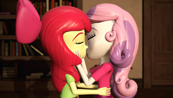 Size: 1920x1080 | Tagged: safe, artist:razethebeast, apple bloom, sweetie belle, equestria girls, 3d, clothes, eyes closed, female, kissing, lesbian, shipping, source filmmaker, sweetiebloom