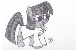 Size: 428x282 | Tagged: safe, artist:thestipplebrony, sci-twi, twilight sparkle, clothes, female, filly, glasses, lab coat, pointillism, solo, stipple, traditional art