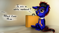 Size: 2880x1620 | Tagged: safe, artist:finalaspex, oc, oc only, oc:speed chaser, birthday, cute, foal, french, glasses, looking up, necktie, simple background, sitting, suitcase, text, translated in the description