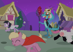 Size: 900x645 | Tagged: safe, artist:queencold, princess ember, oc, dragon, lamb, sheep, bloodstone scepter, clothes, costume, nightmare night, ponyville, reference, running, scared, skull