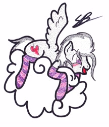 Size: 3184x3688 | Tagged: safe, artist:thestipplebrony, oc, oc only, oc:sweet strokes, clothes, heart eyes, pointillism, socks, solo, stipple, striped socks, traditional art, wingding eyes