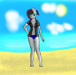 Size: 2286x2241 | Tagged: safe, artist:scarrly, oc, oc only, oc:scarrly, anthro, bat pony, plantigrade anthro, bikini, clothes, flannel, ocean, open clothes, open shirt, shirt, solo, swimming, swimsuit