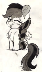 Size: 1268x2141 | Tagged: safe, artist:gaelledragons, oc, oc only, pony, chibi, cute, female, mare, monochrome, ocbetes, one eye closed, solo, traditional art, wink