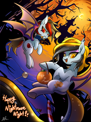 Size: 2600x3500 | Tagged: safe, artist:renokim, oc, oc only, oc:bloody fudge, oc:melt caramel, bat pony, pony, bat pony oc, candy, castle, crescent moon, female, food, halloween, holiday, looking back, mare, moon, pumpkin bucket, smiling, tree