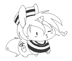 Size: 908x762 | Tagged: safe, artist:quarantinedchaoz, oc, oc only, oc:creative flair, pony, unicorn, clothes, hat, heart, kissy face, male, monochrome, one eye closed, prison outfit, prison stripes, shirt, solo, stallion, wink