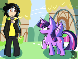 Size: 2100x1600 | Tagged: safe, artist:sparklyvictini, twilight sparkle, twilight sparkle (alicorn), alicorn, human, pony, cellphone, crossover, fanart mashup challenge, humanized, phone, pokémon, ponyville, smartphone, umbreon